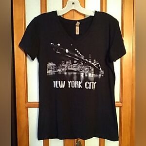 Women's New York City Black V Neck T Shirt With Silver Glitter, Sz L NWOT